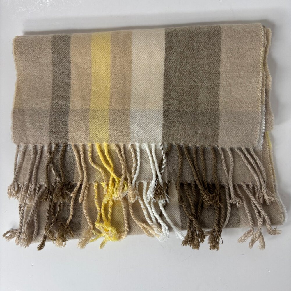 100% Cashmere Made in Scotland Plaid Check Beige Camel Yellow Fringe Scarf - Picture 5 of 6